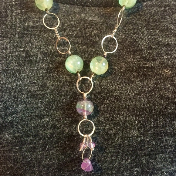 SOLD: Genuine Fluorite and Raw Amethyst silver Necklace - Picture 2 of 8